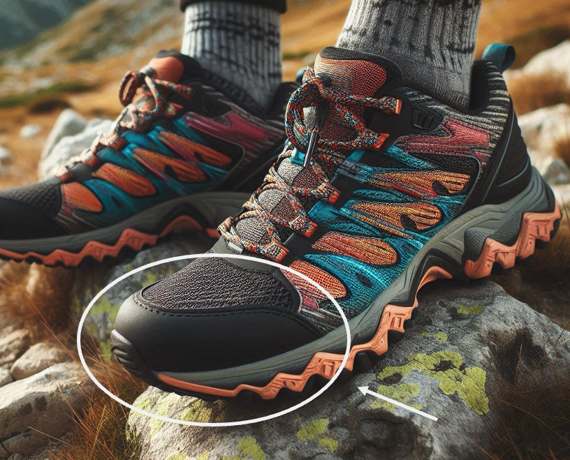 Photo d'une chaussure de trail avec un focus sur la protection